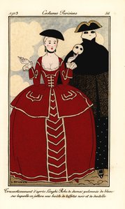 Costumi di carnevale di Longhi. Donna in abito di damasco ornato di bianco, mantello di taffetà nero e pizzo da Georges Barbier