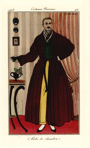 Uomo in vestaglia sopra pantaloni gialli e panciotto verde. Robe de chambre. Incisione pochoir colorata a mano dopo un