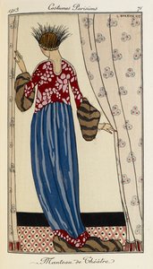 Manteau de Théâtre. Costumi Parigini n.71. Una donna che indossa un vestito rosso a motivi con una gonna blu rifinita con pelliccia. Indossa anche un copricapo piumato in nero e argento. da Georges Barbier