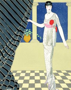 I miei ospiti non sono arrivati, illustrazione di una donna in un vestito di Redfern da Georges Barbier