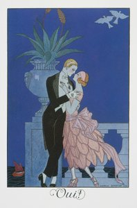 Oui, Due giovani fidanzati in abito da sera, litografia di George Barbier (1882-1932), da Falbalas et Fanfreluches, Almanach des Modes Presentes, Passees et Futures