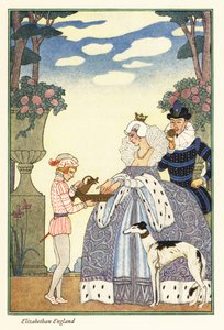 La regina Elisabetta si lava le mani in una ciotola tenuta dal suo paggio. 1928 da Georges Barbier