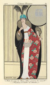 Robe de crêpe de Chine bianco decorata con volpe. Manteau di lontra e skunks da Georges Barbier