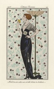 Abito da sera in raso nero e tulle bordato di brillanti, da Costumes Parisien, pub.1913 da Georges Barbier