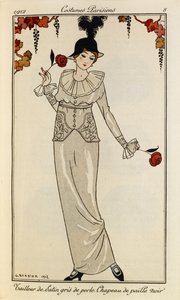 Tailleur di satin grigio perla. Cappello di paglia nero. Costumi Parigini n.8. Donna che indossa un abito di satin grigio perla e un cappello di paglia nero, con una piuma. Tiene una rosa in ciascuna mano. da Georges Barbier