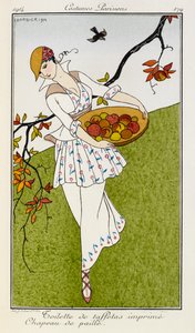 Toilette di taffetà stampato cappello di paglia. Costumi Parigini n.179. Una donna che indossa un abito stampato in seta e un cappello di paglia. Porta una ciotola di frutta. da Georges Barbier