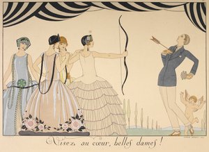 Visez au coer, belles dames. Una donna colpisce un uomo al cuore con una freccia