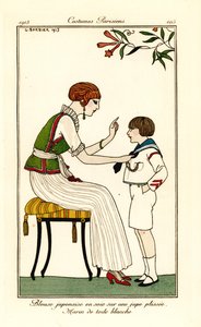 Donna in camicetta di seta giapponese e lunga gonna a pieghe da Georges Barbier