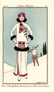 Donna in abito per St. Moritz in frisé bianco con bordi di moffetta e ricami di lana