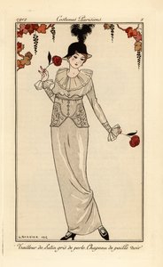 Donna in abito grigio perla e cappello di paglia nero da Georges Barbier
