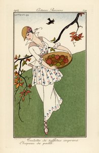 Donna con cappello di paglia e vestito di taffetà stampato