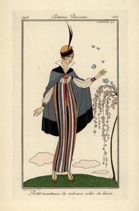 Donna in abito di lino a righe con giacca corta di velluto da Georges Barbier