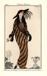 Donna in cappotto di zibellino con colletto e polsini in pelliccia di volpe bianca da Georges Barbier