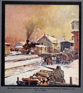Combattimento tra la Guardia Rossa e la Guardia Bianca in una stazione ferroviaria, da Histoire des Soviets, pub. 1922 da Georges Carrey