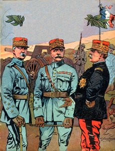 Maresciallo Joseph Jacques Cesaire Joffre (1852-1931), Maresciallo Ferdinand Foch (1851-1929) e Maresciallo Philippe Petain (1856-1951), i grandi liberatori della Francia durante la Prima Guerra Mondiale - Illustrazione di Georges Conrad (1874-1936) tratta