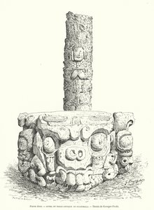 Altare e idolo in pietra scolpita Maya dal Guatemala (incisione) da Georges Ernest Profit