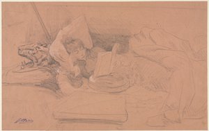 Sarah Bernhardt sdraiata su un divano, che legge da Georges Jules Victor Clairin