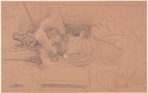 Sarah Bernhardt sdraiata su un divano, leggendo, c. 1885-1890 da Georges Jules Victor Clairin