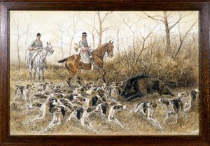 Branco di cani intorno a un cinghiale in una caccia - disegno di Georges La Roque, circa 1900 da Georges La Roque
