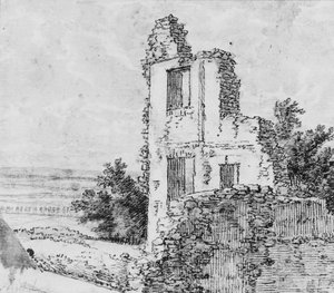 Un viale di alberi in un parco (recto), Le rovine di un edificio su una collina (verso), n.d.