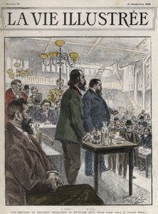 Congresso Generale delle Organizzazioni Socialiste, tenuto a Parigi nel dicembre 1899, al Gymnasium Japy - Jean Jaures (1859-1914) ed Eugene Fournier (1857-1914) disegno di Georges Redon - la vie illustree del 1899 da Georges Redon