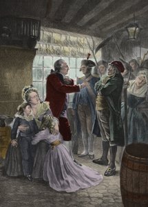 Rivoluzione Francese: 21 giugno 1791 La famiglia reale (Luigi XVI Re di Francia, la Regina Maria Antonietta e i loro due figli Madame Elisabeth la sorella del re e la governante dei bambini) catturata nella locanda di Varennes (Varennes-en-Argonne) durante da Georges Roussin