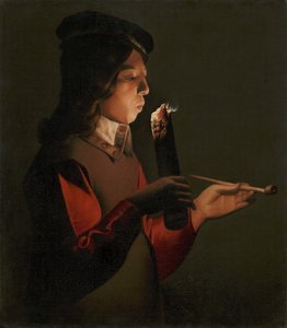 Un giovane ragazzo con una pipa, soffia su un tizzone da Georges de La Tour