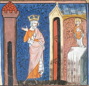 Carlo Magno onora San Denis, da Chroniques de France ou de St Denis, XIV secolo (22702899392)