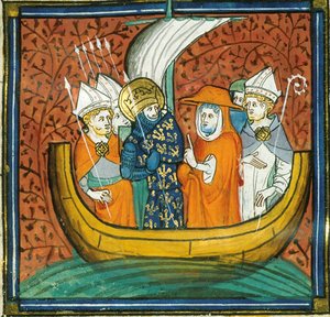Consiglio a bordo di una nave, da Chroniques de France ou de St Denis, XIV secolo (22528511880)