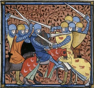 Ebroino che sconfigge gli Austrasiani, da Les Grandes chroniques de France, Royal 16 G VI f.114v, 1332-1350 circa (22528516520) da Georgia Levan Ramishvili from Tbilisi