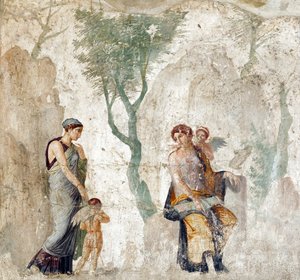 Eros portato da Peitho ad Afrodite mentre Anteros ride della sua punizione per aver scelto il bersaglio sbagliato, affresco pompeiano, circa 25 a.C. (28298194699)