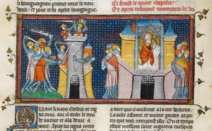 Saccheggio degli Unni a Orleans, preghiera di Agnano, da Chroniques de France ou de St Denis, XIV secolo (22716441545)