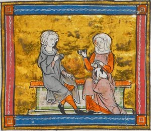 Lancillotto a colloquio con una dama che tiene in mano un cagnolino bianco e nero, da Morte Artu, 1315-1325 circa (41067329535) da Georgia Levan Ramishvili from Tbilisi