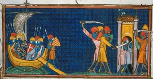Luigi IX sbarca a Tunisi e i francesi vengono tagliati fuori dai saraceni nella torre, da Chroniques de France ou de St Denis, XIV secolo (22528512660)