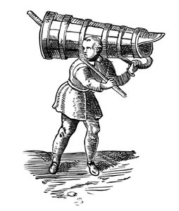 Un apprendista, che porta un recipiente di legno alto quanto lui, sulla strada per prendere acqua, 1572