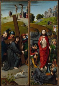 Cristo che porta la croce, con la crocifissione, la resurrezione, con i pellegrini da Gerard David