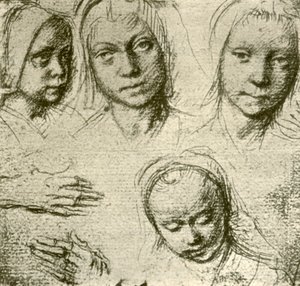 Quattro teste di una giovane ragazza e due mani, c1500-1505 da Gerard David