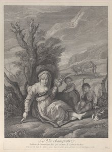 Una donna di campagna seduta nel paesaggio con due ragazzi al suo fianco, 1729-40 da Gerard Jean Baptiste Scotin