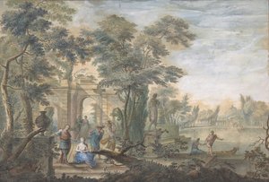 Paesaggio arcadico con diverse figure e una statua di Diana da Gerard Melder