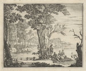 Paesaggio fluviale con pescatori vicino a una statua di Venere da Gerard Melder