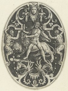 Decorazione piatta: Ercole e il leone di Nemea (serie Decorazioni ovali con le imprese di Ercole in grottesche) da Gerard de Jode