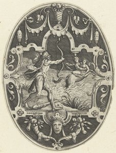 Decorazione piatta: Ercole spara al centauro Nesso che cerca di rapire Deianira (Ovale vlakdecoraties met de daden van Hercules in grotesken) da Gerard de Jode