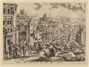 Tobia arriva alla casa di Raguel da Gerard de Jode after Hans Bol