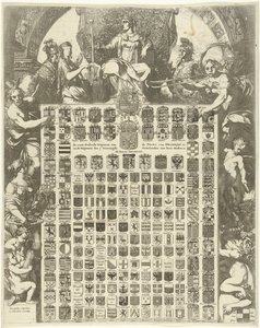 Stemma del principe Guglielmo III in una cornice allegorica (De LXIIII Geslacht Wapenen van de Prins van Oraenjen etc. e de Wapenen der 7 Vereenigde Nederlanden met hare Steden etc.) da Gerard de Lairesse