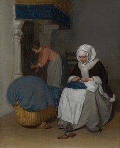 Donna che cuce accanto a una culla, c.1656