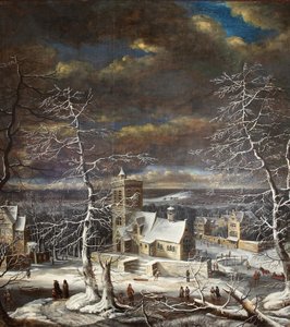 Un villaggio in inverno in un paesaggio esteso con figure sul ghiaccio da Gerard van Edema