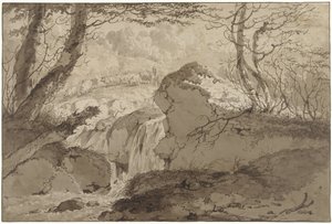 Paesaggio montano con cascata tra gli alberi, lungo il quale un pastore conduce il suo gregge da Gerard van Nijmegen