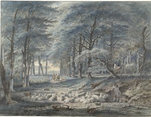 Vista del bosco con un pastore e pecore e tre figure da Gerard van Nijmegen