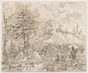 Battaglia tra cavalleria e fanteria in paesaggio collinare da Gerardus Emaus de Micault