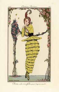 Donna in abito pomeridiano di taffetà giallo